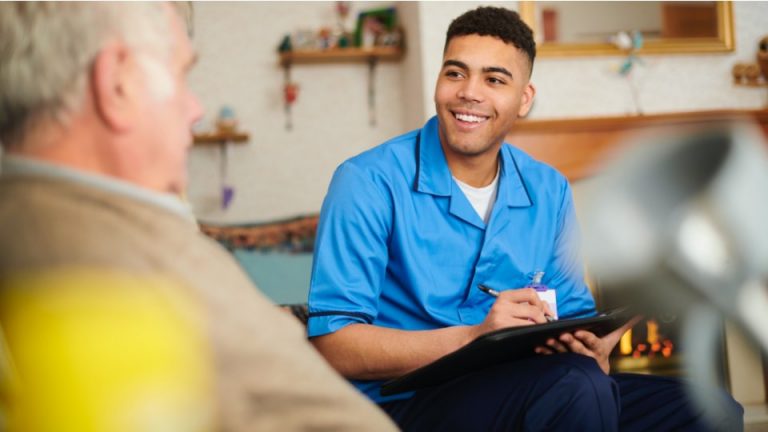 A care giver getting a patient feedback review with Working Feedback software